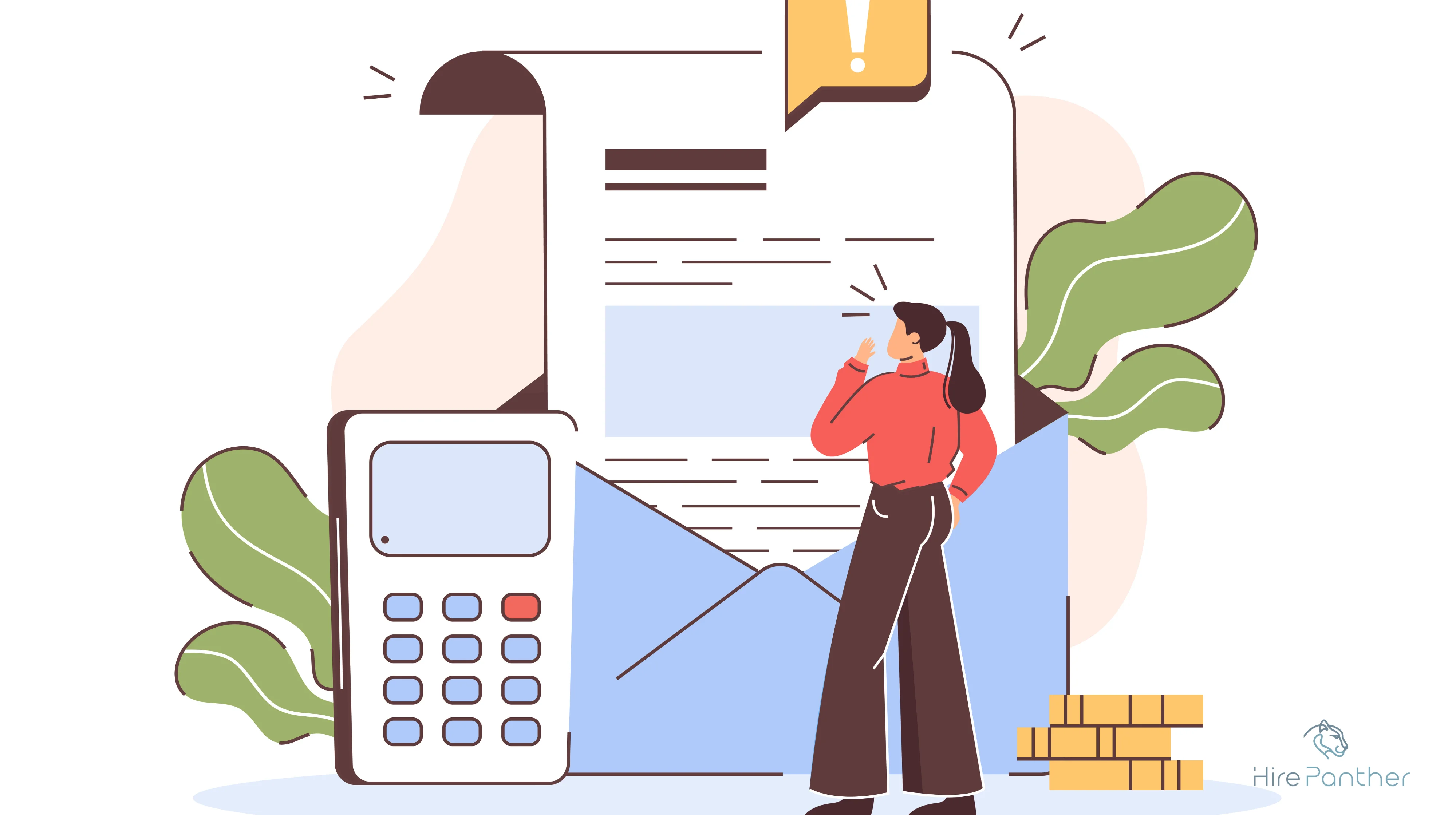 Illustration of a freelancer reviewing income and tax documents Freelancer reviewing income and tax documents