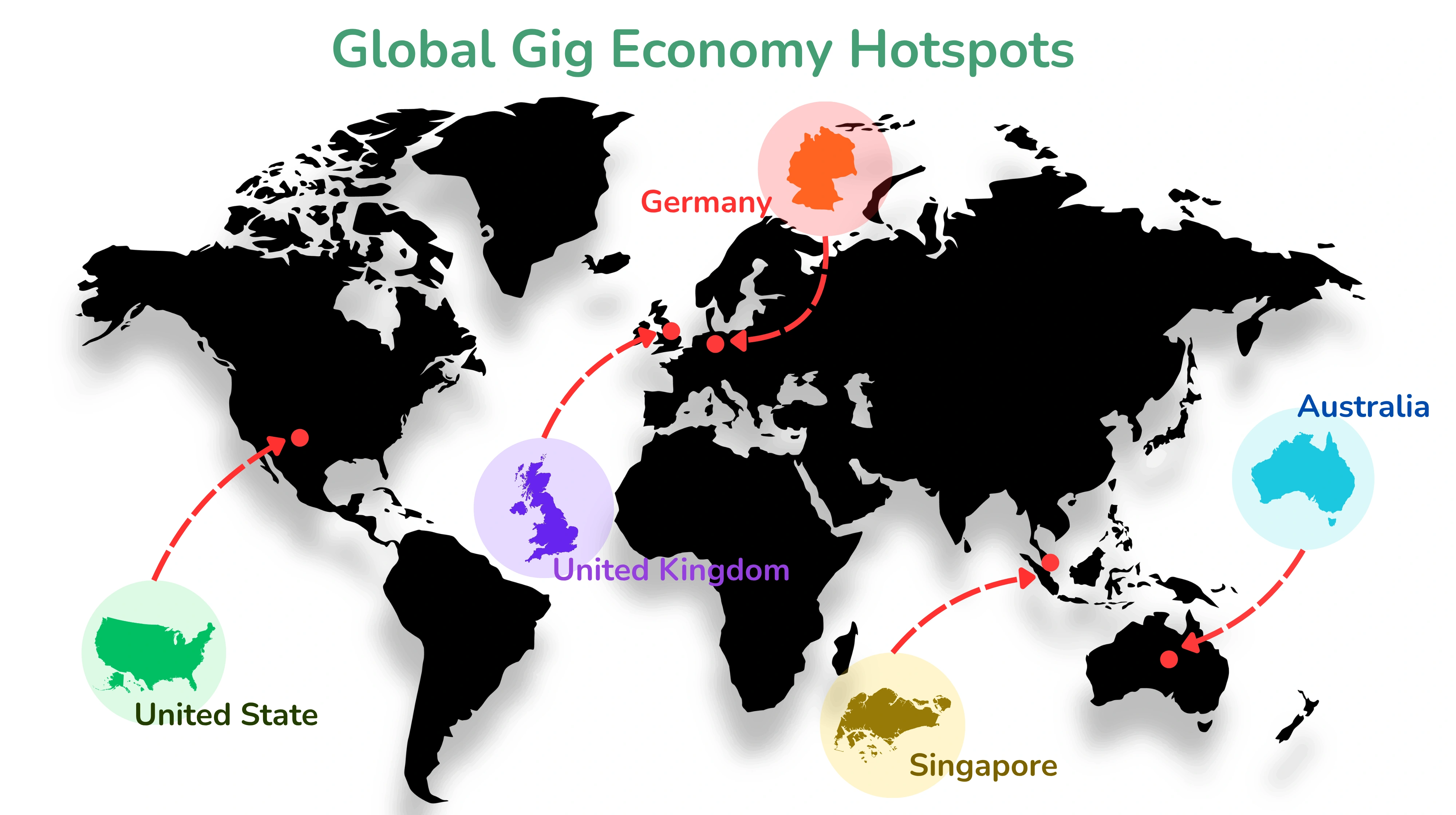 Global map of highlighting major gig countries global map