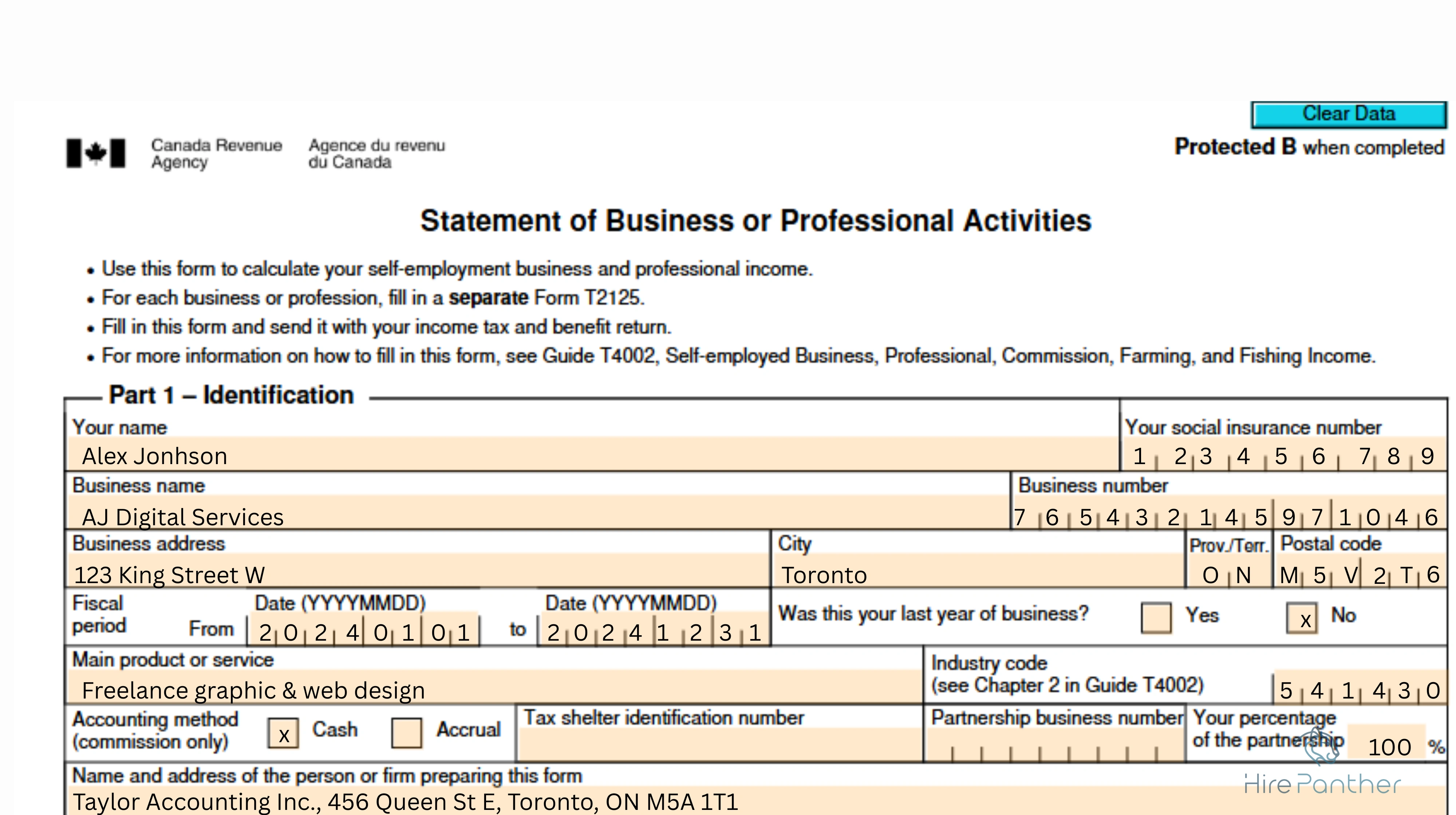 T2125 form with key sections highlighted Sample filled-out T2125 form
