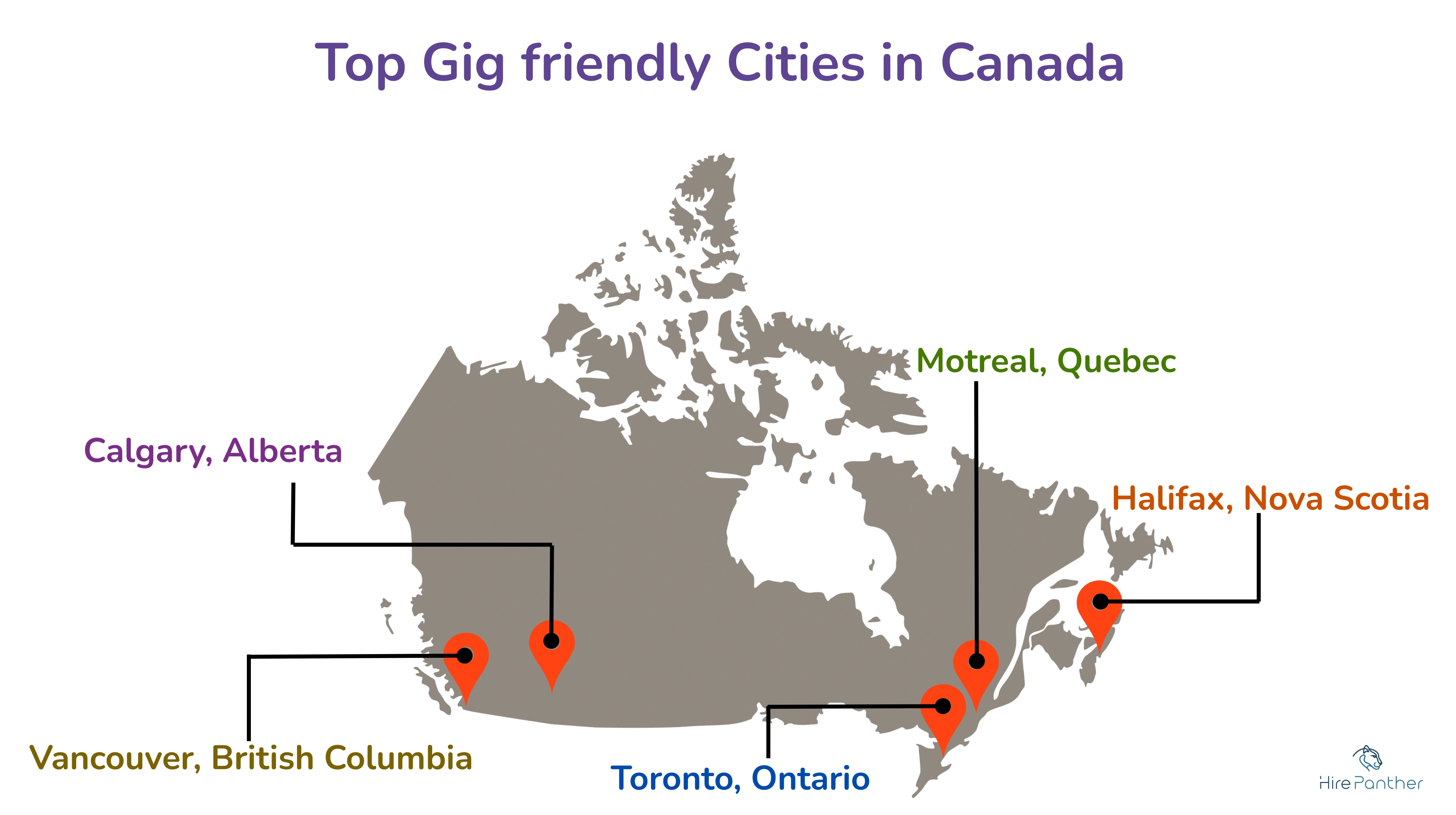 Top gig-friendly cities across Canada Map of Canada highlighting top gig-friendly cities